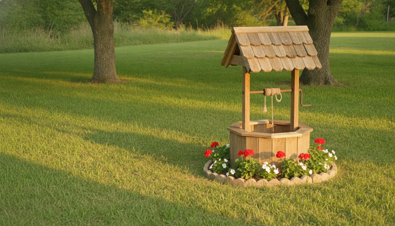 A cedar picket wishing well with a shingled roof standing on a mown lawn.