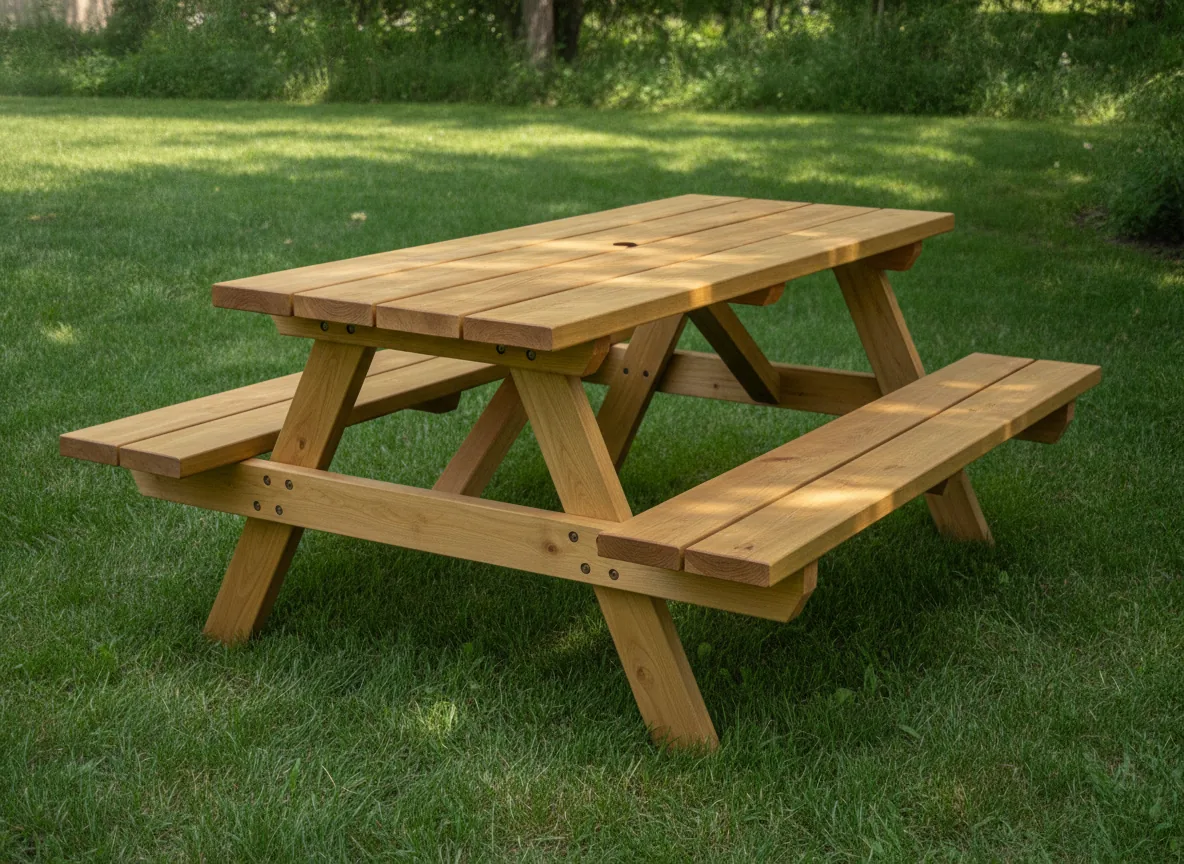 A cedar A-frame picnic table with attached bench seats standing on a lawn.