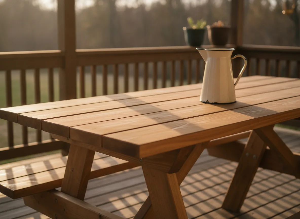 A medium-brown stained picnic table on a covered porch with an enamel pitcher on the top.