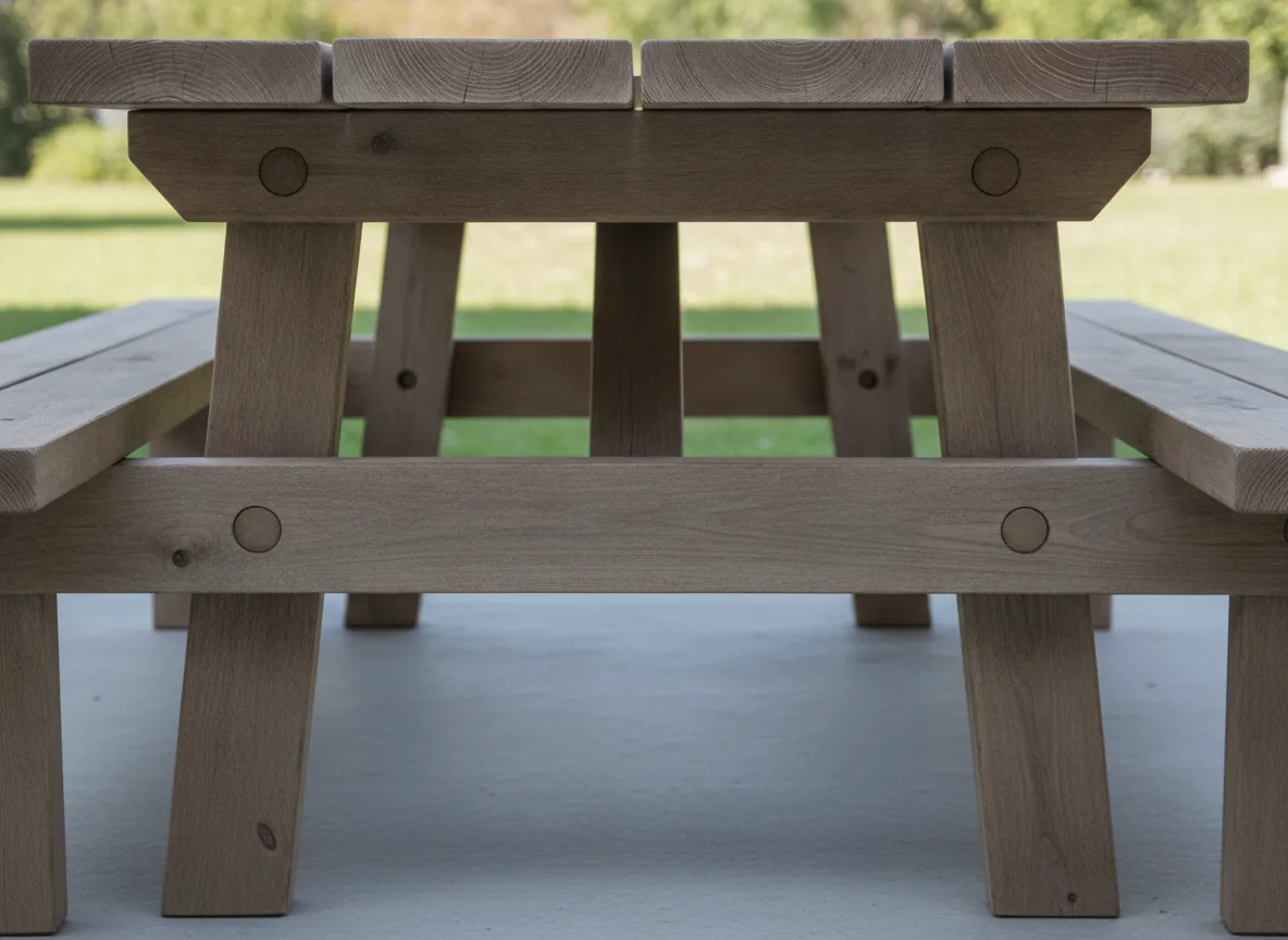 A weathered grey-brown picnic table seen end-on, showing the bench supports and underside bracing.