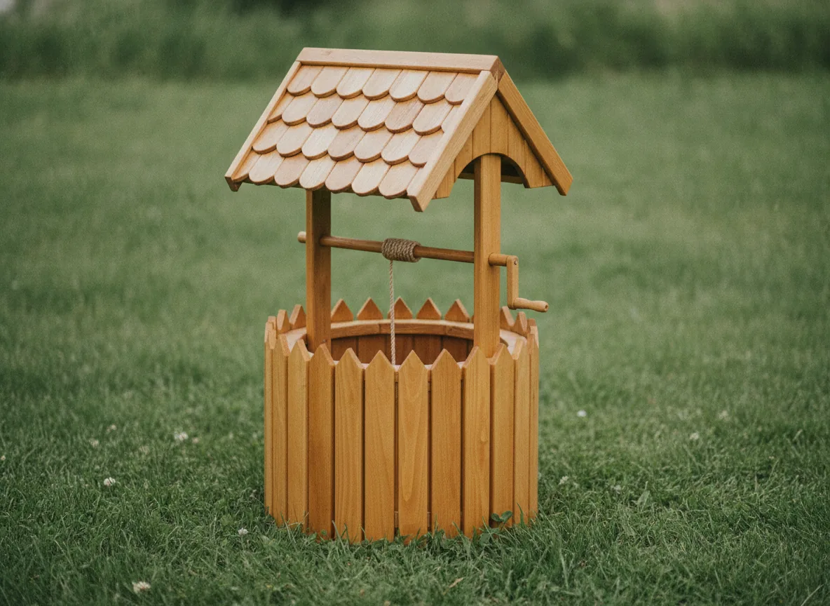A honey-toned cedar wishing well with a shingled peaked roof and a rope crank.