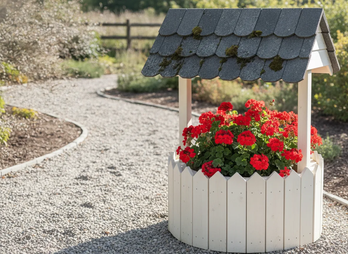 A soft-white painted wishing well with a charcoal shingle roof, planted with red geraniums.