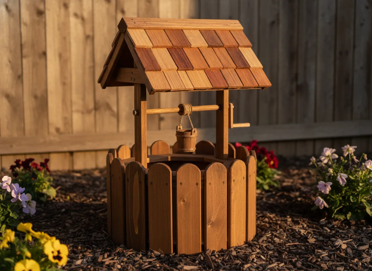 A walnut-stained wishing well with wide pickets standing in a mulched flower bed against a wooden fence.