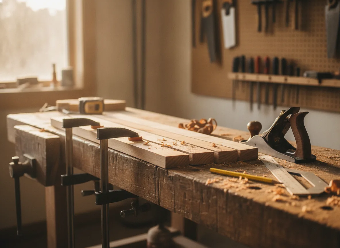 A workshop bench with cedar pickets clamped in a row, a hand plane, a square and wood shavings.